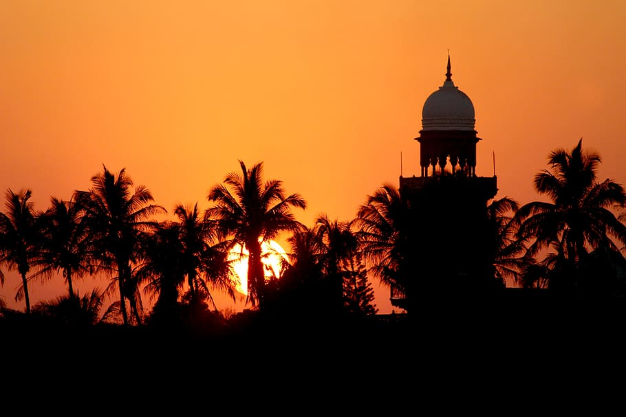 Sunset over Kolhapur with palm trees and the New Palace dome
