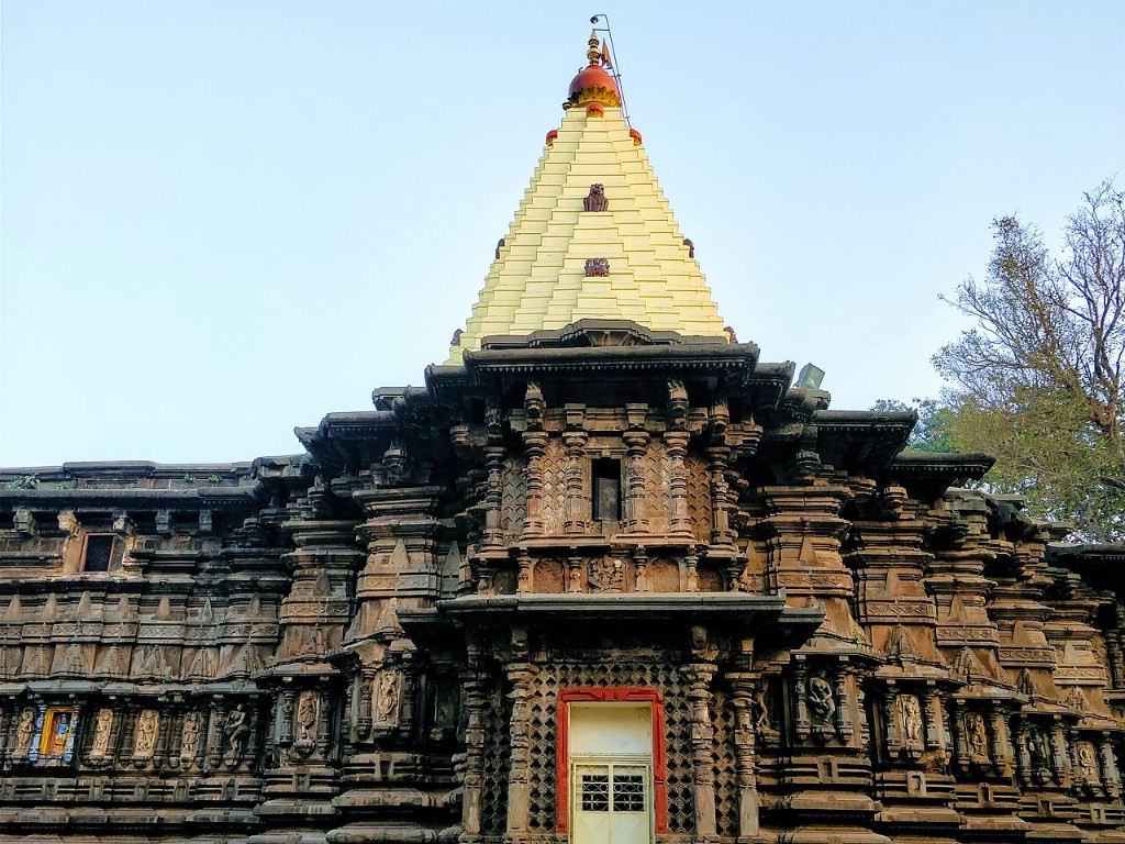 Carved stone facade and shikhara of Mahalaxmi Temple, Kolhapur